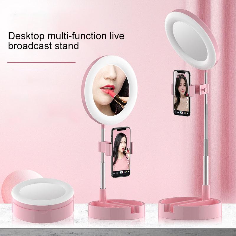 Foldable Desktop Makeup Mirror Holder with Storage - White