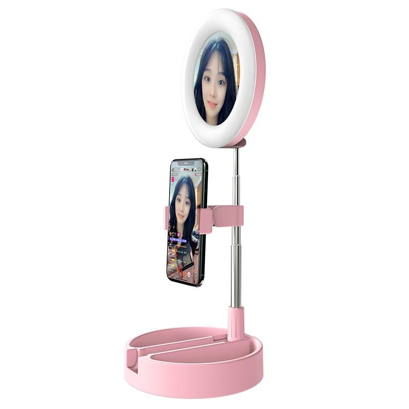 Foldable Desktop Makeup Mirror Holder with Storage - White