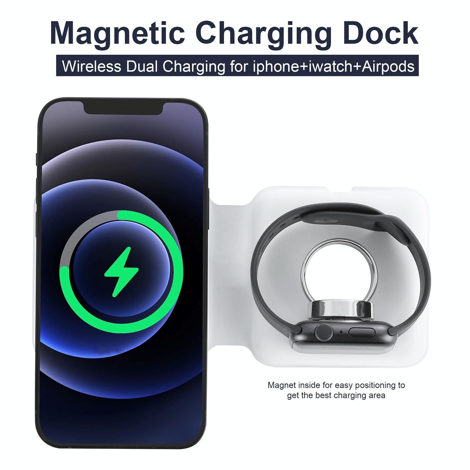 Foldable Dual Wireless Charger For Phones Iwatch Airpods - White
