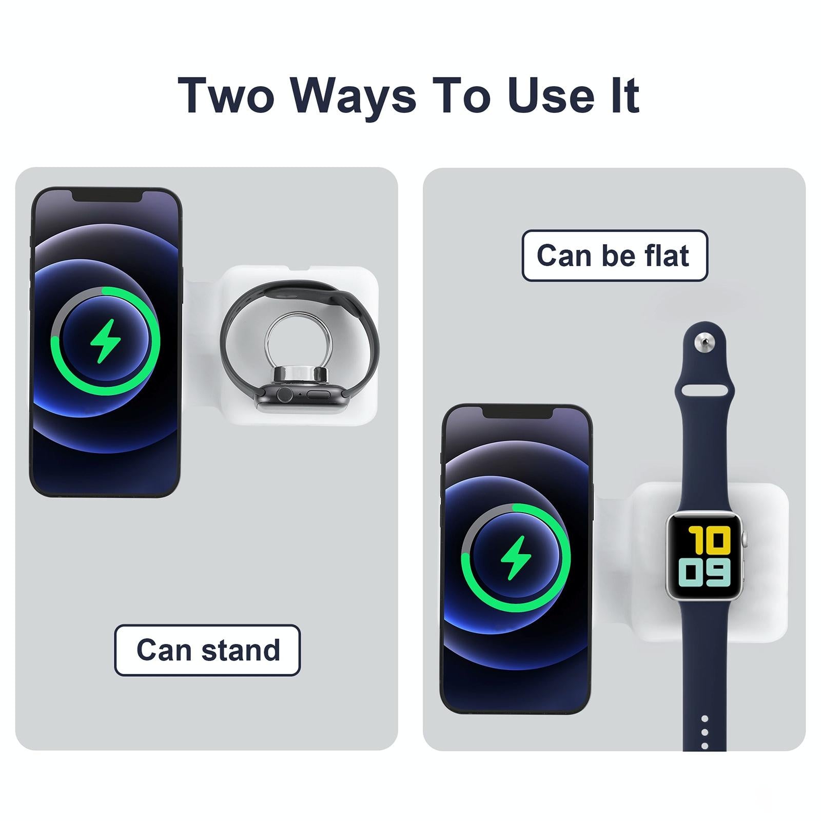 Foldable Dual Wireless Charger For Phones Iwatch Airpods - White