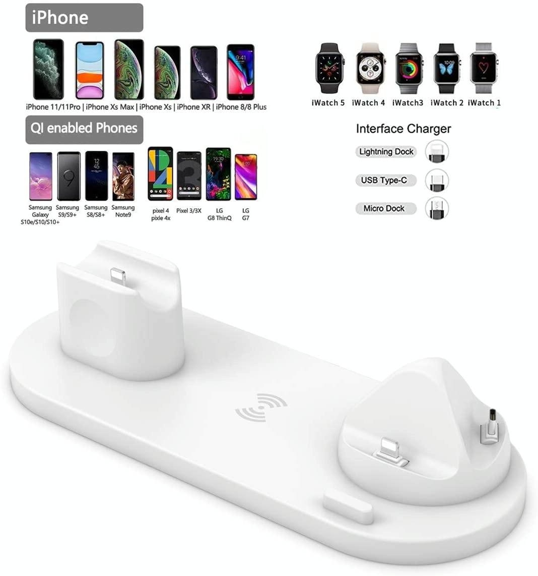 6 In 1 Wireless Charger For Iphone Apple Watch Airpods & Android - White