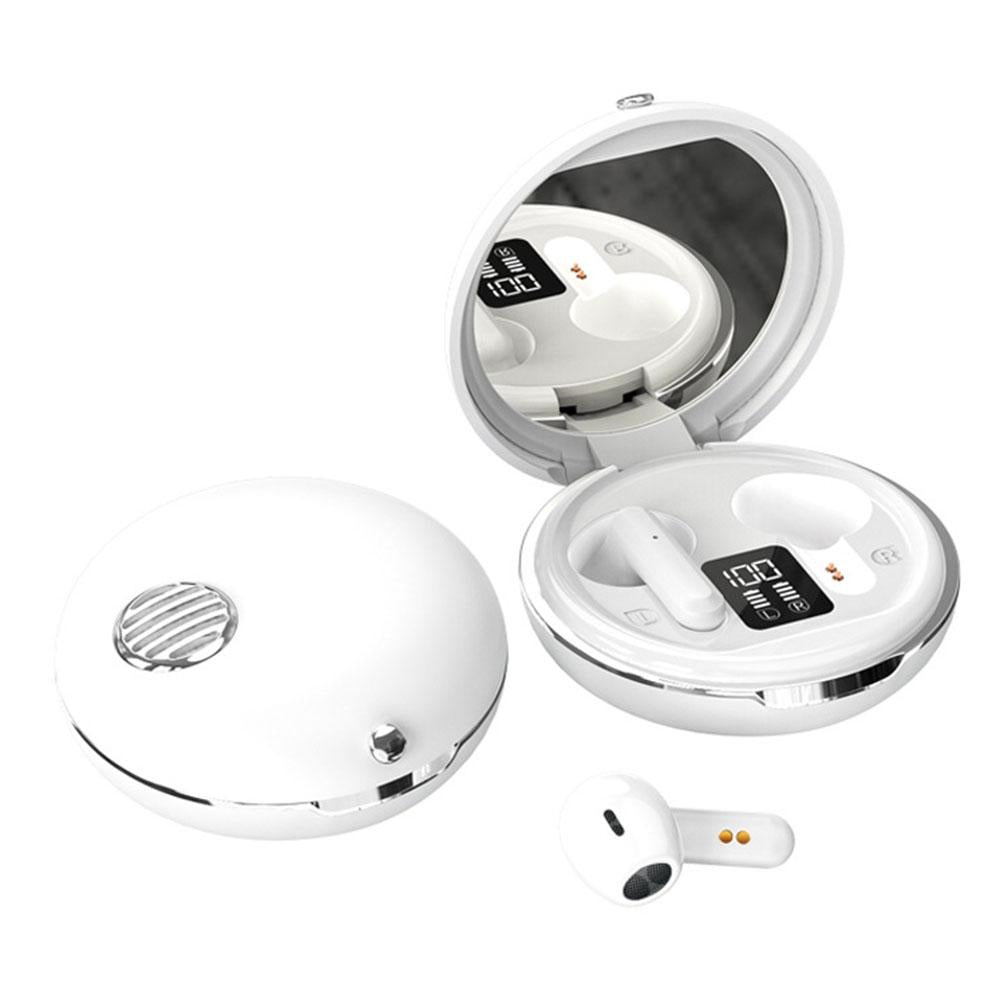 Wireless Hifi Stereo Earphones with Charging Case and Make-up Mirror - White