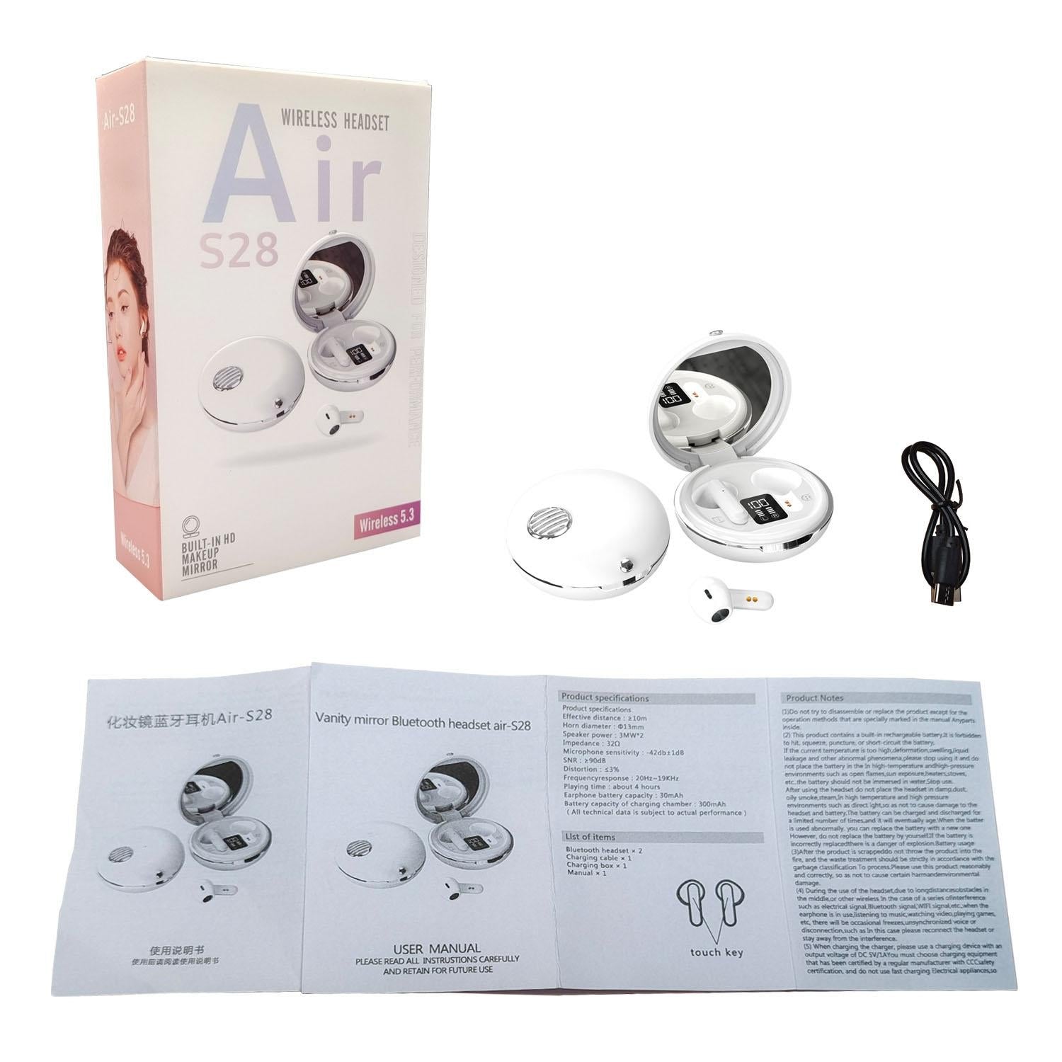 Wireless Hifi Stereo Earphones with Charging Case and Make-up Mirror - White