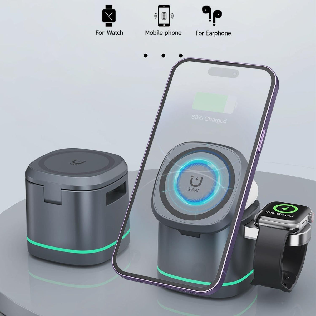 15W 3 In 1 Magnetic Wireless Charger - White