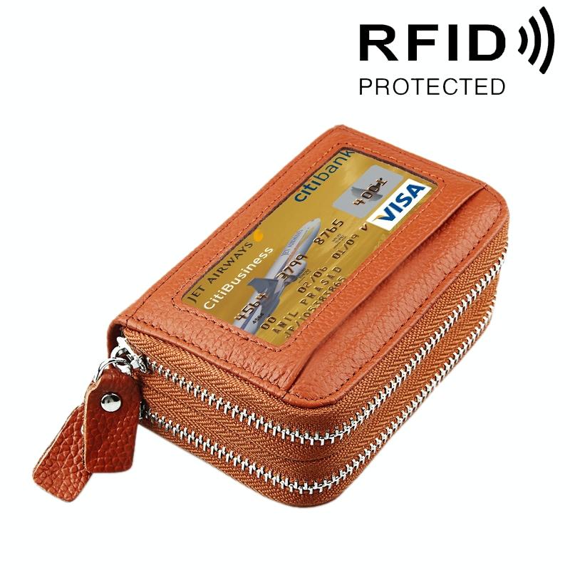 11-slot Rfid Blocking Leather Card Holder Wallet with Coin Pocket - Brown