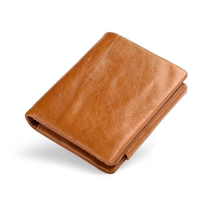 Multi-Functional Oil Wax Leather Rfid Wallet - Brown