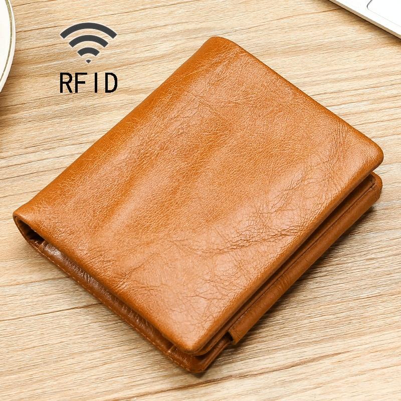 Multi-Functional Oil Wax Leather Rfid Wallet - Brown