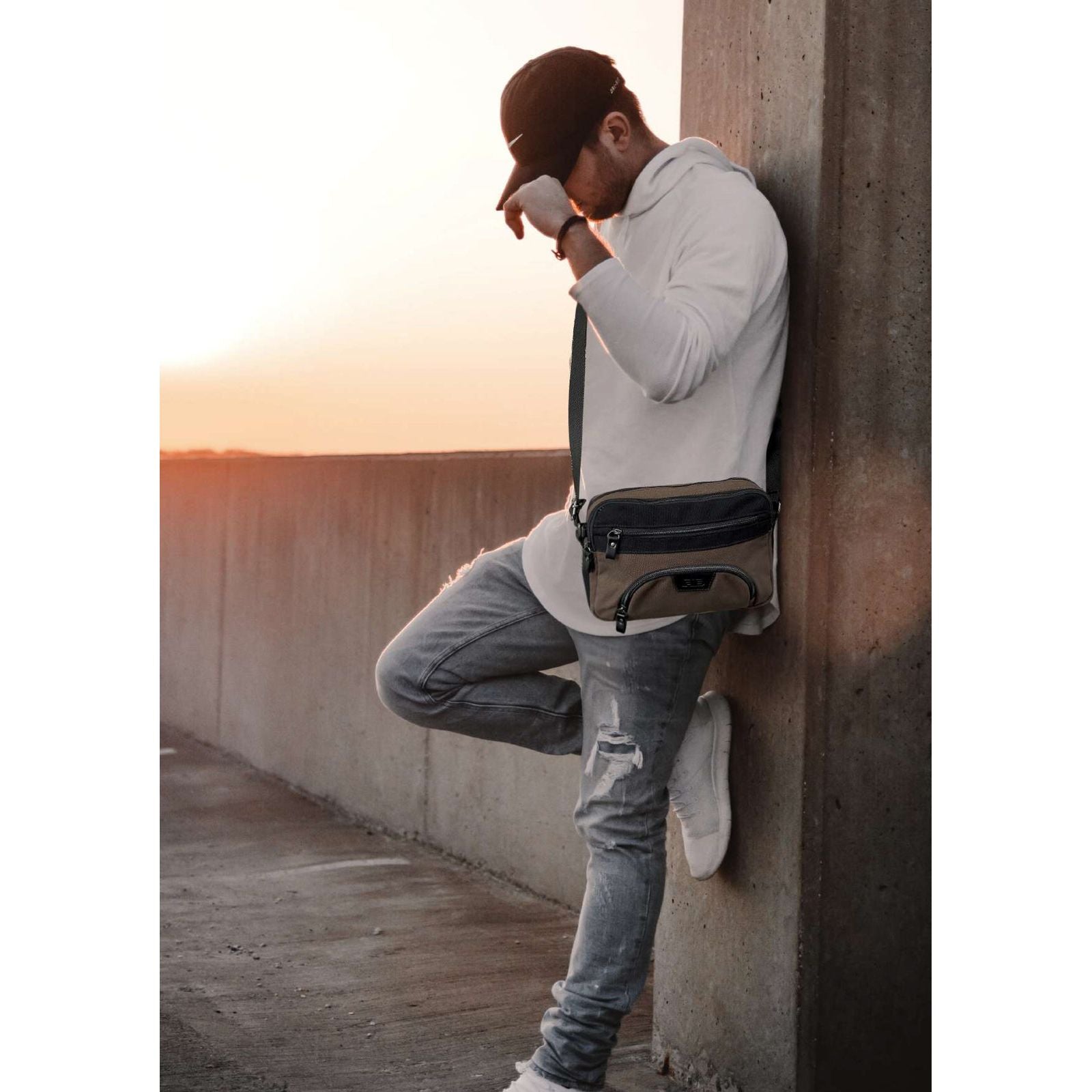 FIB Byron East West Sling Shoulder Bag Travel Adjustable Strap - Brown