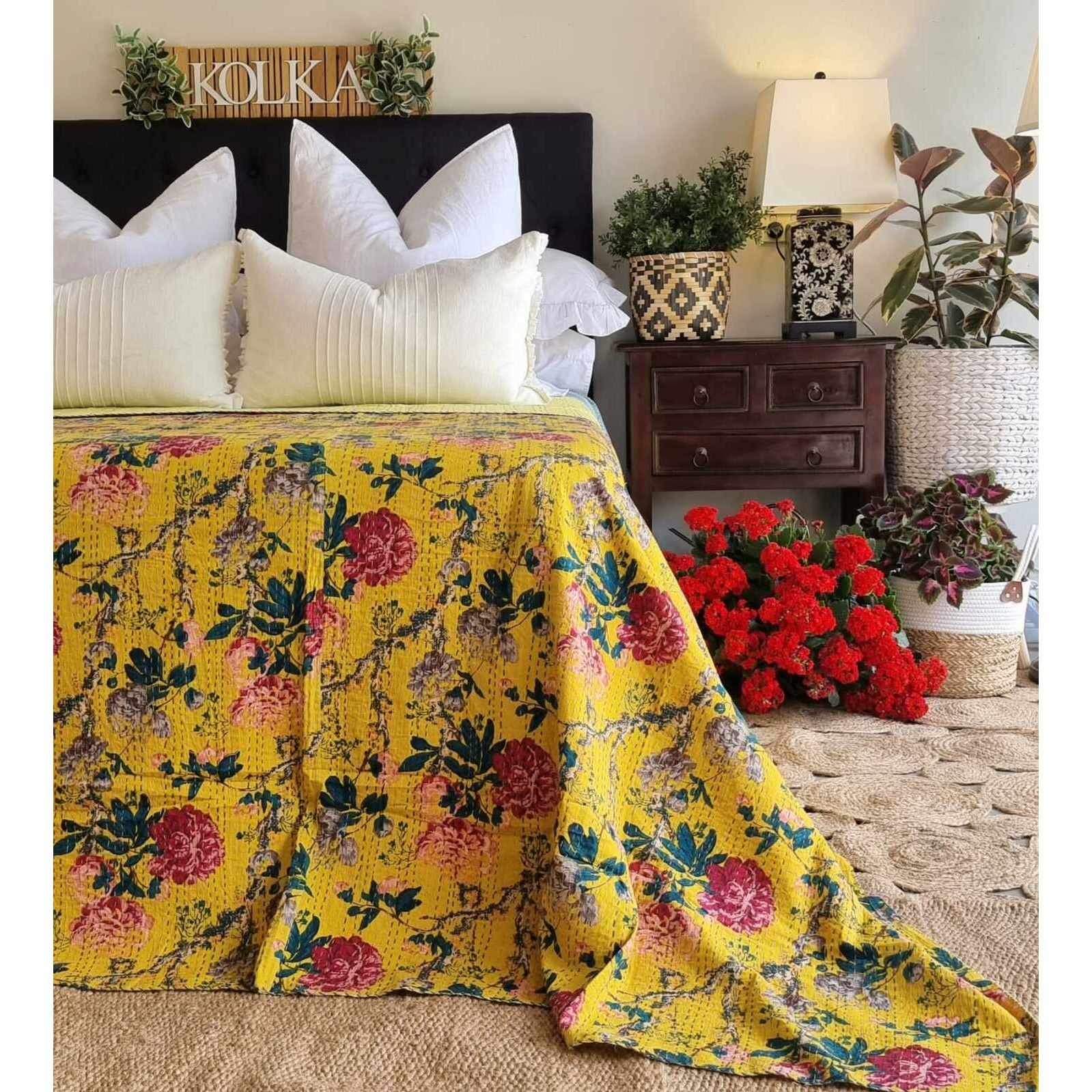 Mustard Peony Kantha Bedspread Coverlet - Mustard (King - 228 cm x 274 cm)