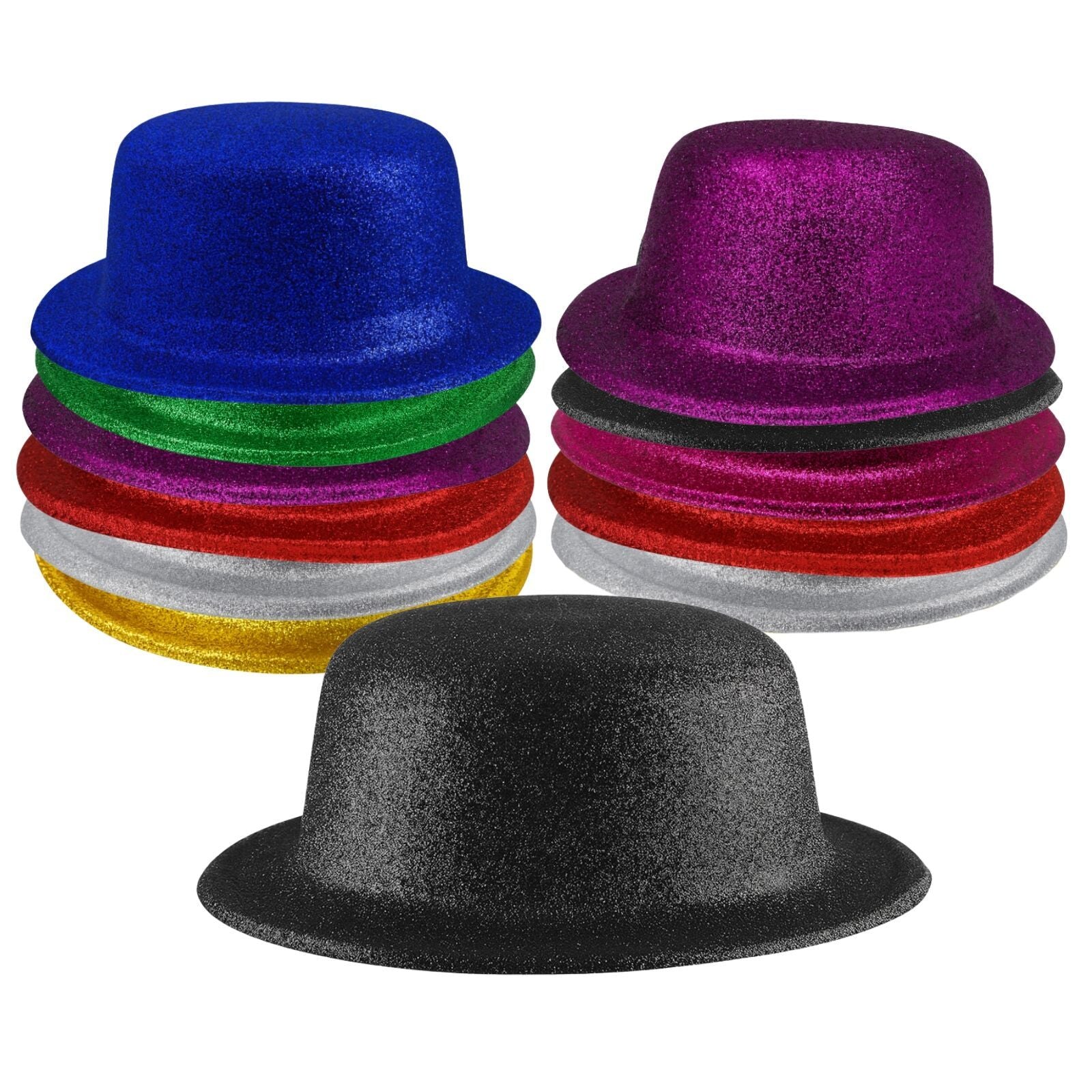 12x GLITTER BOWLER HAT Fancy Party Plastic Costume Cap Fun Dress Up Sparkle BULK - Assorted Colour Pack