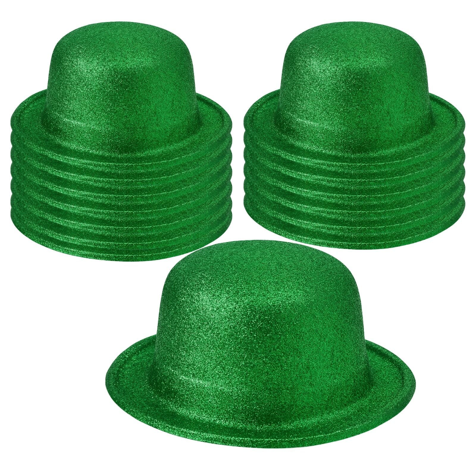 12x GLITTER BOWLER HAT Fancy Party Plastic Costume Cap Fun Dress Up Sparkle BULK - Green