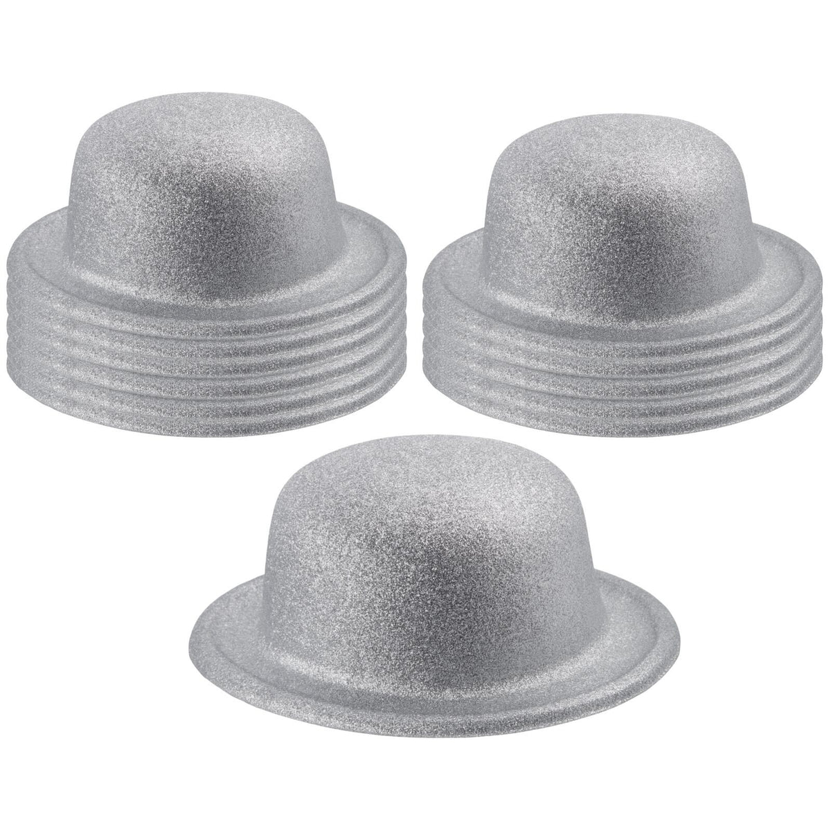 12x GLITTER BOWLER HAT Fancy Party Plastic Costume Cap Fun Dress Up Sparkle BULK - White/Silver