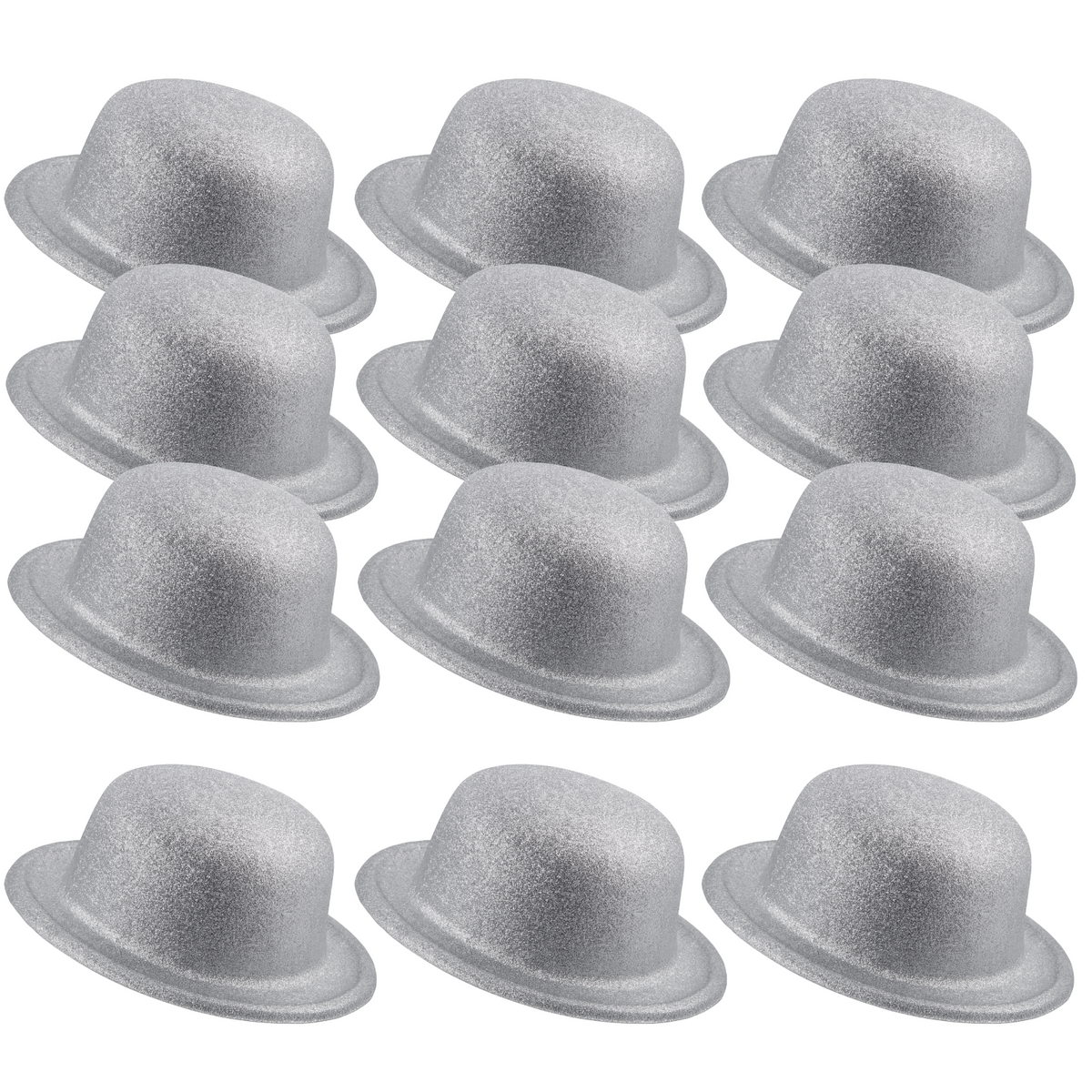 12x GLITTER BOWLER HAT Fancy Party Plastic Costume Cap Fun Dress Up Sparkle BULK - White/Silver