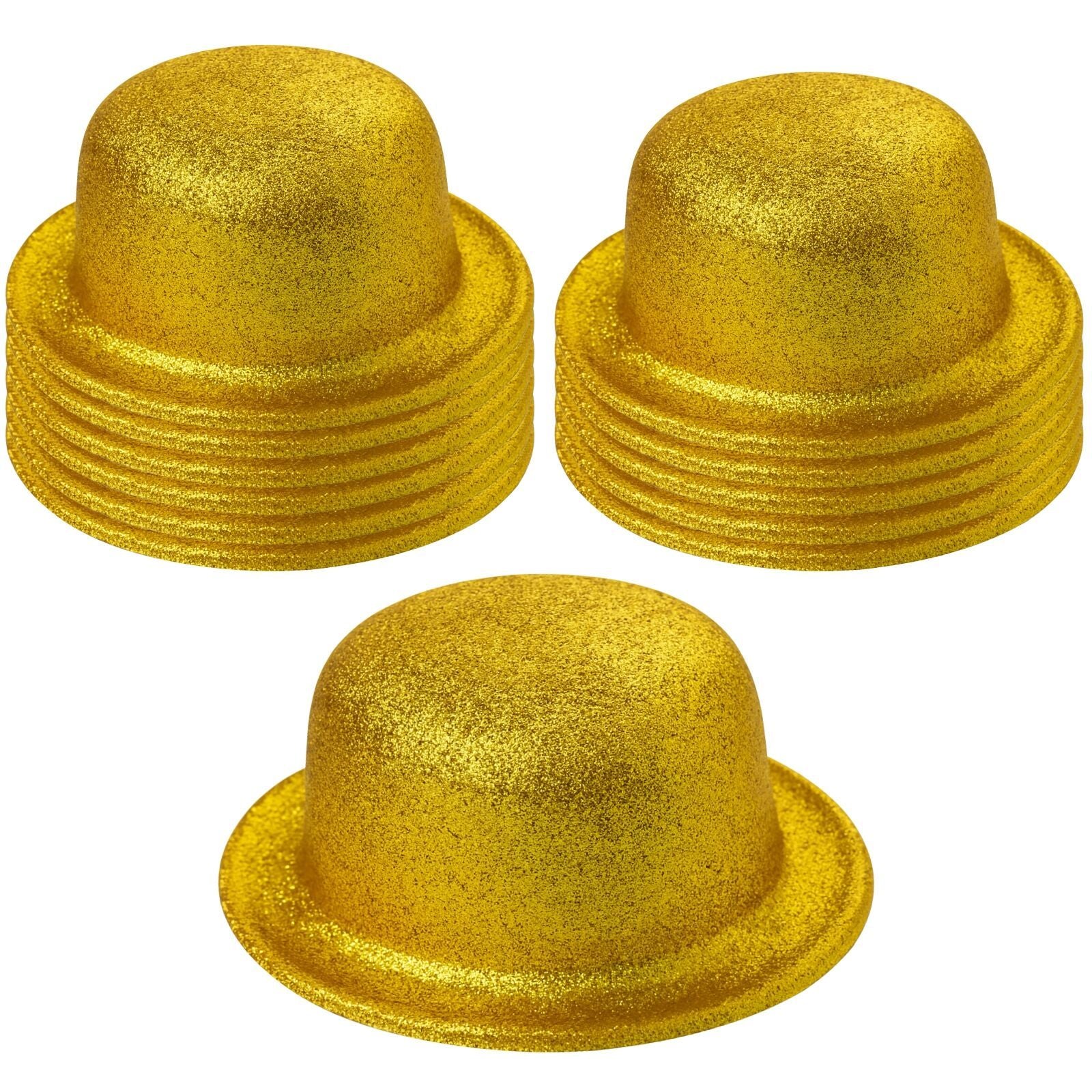 12x GLITTER BOWLER HAT Fancy Party Plastic Costume Cap Fun Dress Up Sparkle BULK - Yellow/Gold