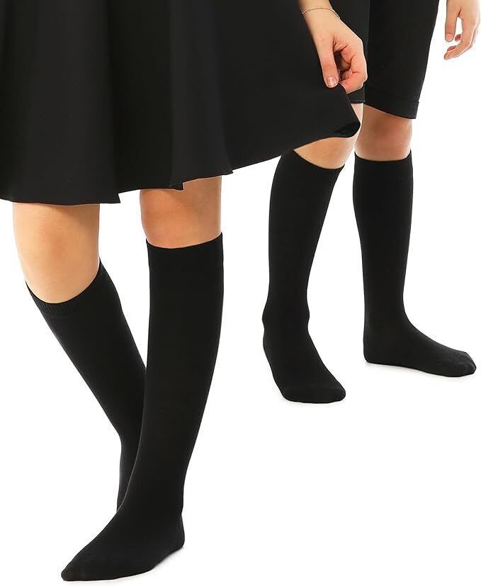 12x Knee High School Socks for Girls Boys Plain Cotton Rich Kids Bulk - Black