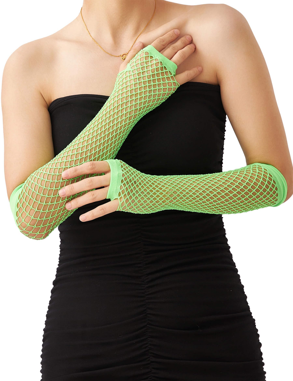 12x Long Elbow Length Fishnet Gloves Fingerless 70s 80s Womens Costume Party Bulk in Fluro Green