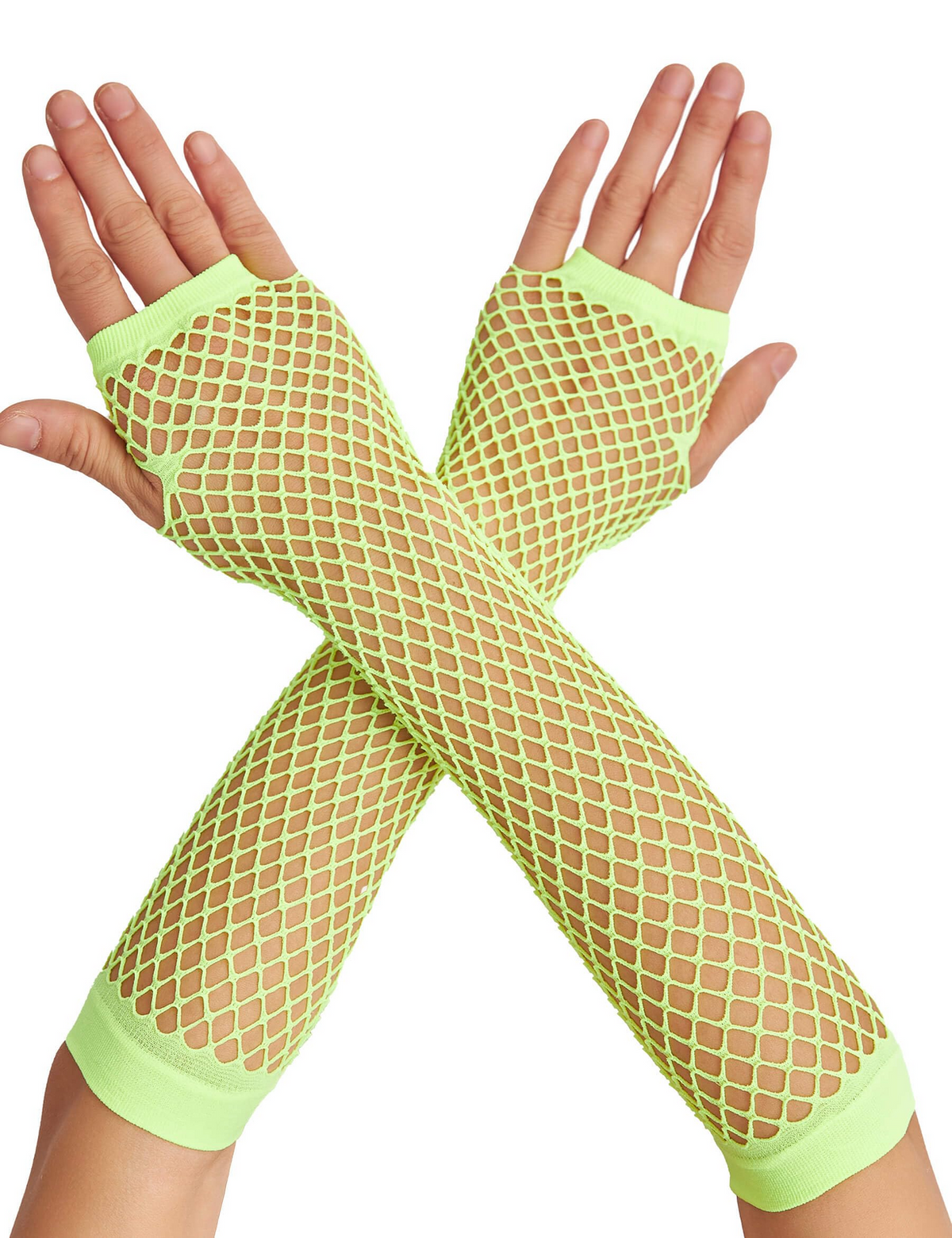 12x Long Elbow Length Fishnet Gloves Fingerless 70s 80s Womens Costume Party Bulk in Fluro Yellow
