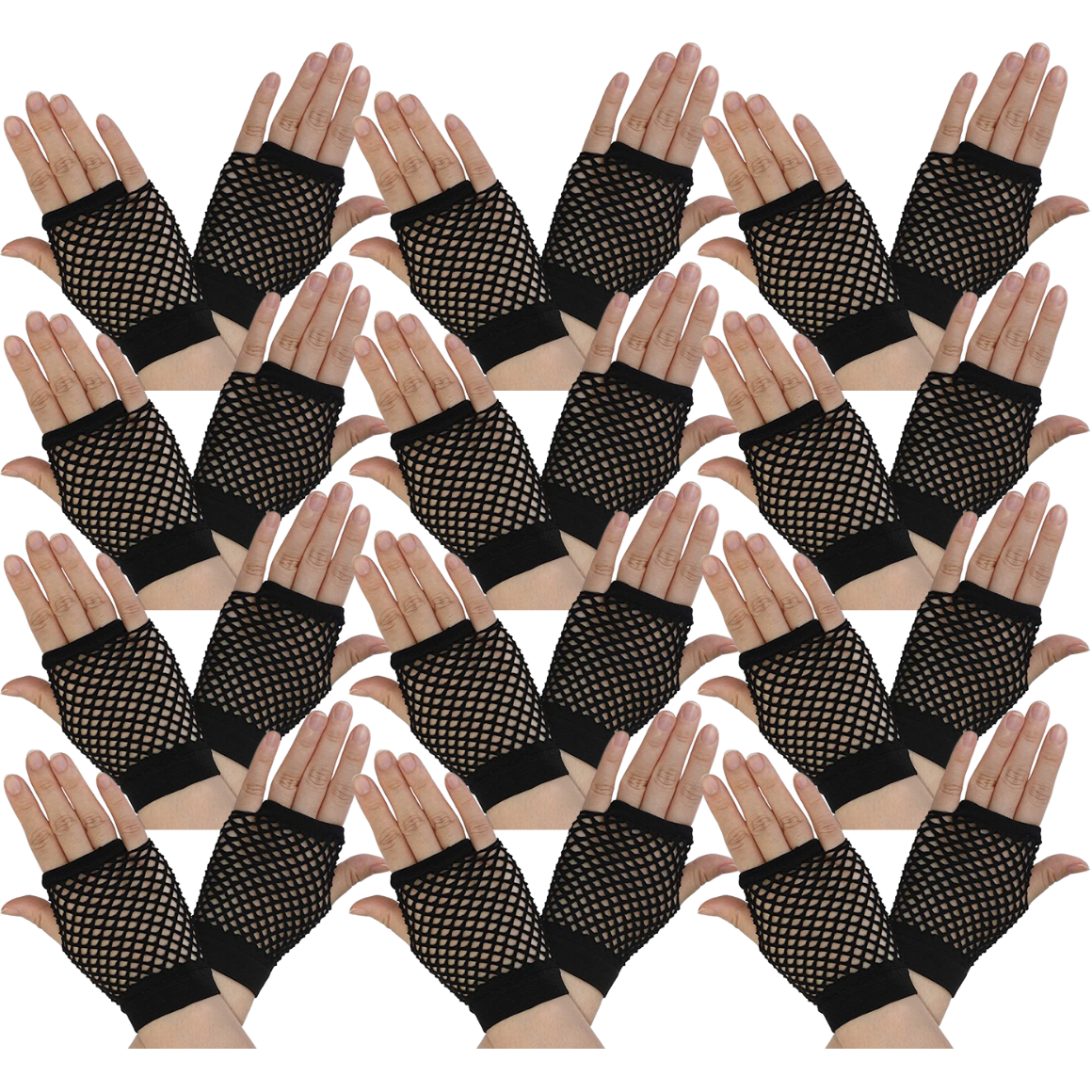 12 Pair Fishnet Gloves Fingerless Wrist Length 70s 80s Costume Party - Black