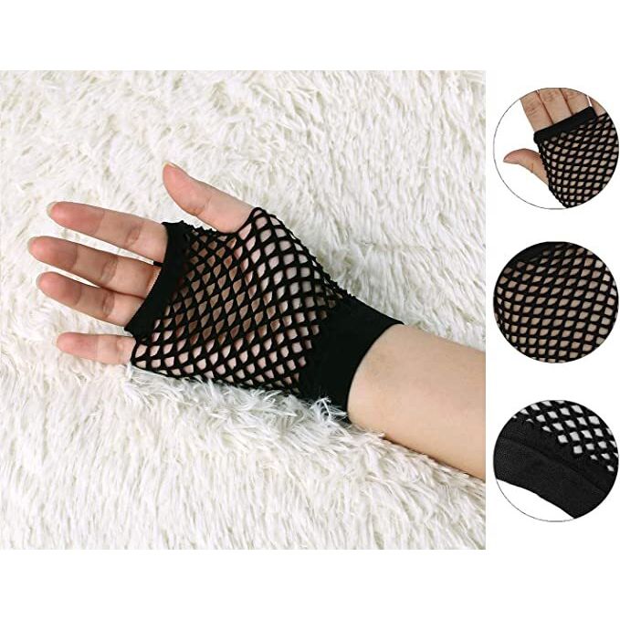 12 Pair Fishnet Gloves Fingerless Wrist Length 70s 80s Costume Party - Black