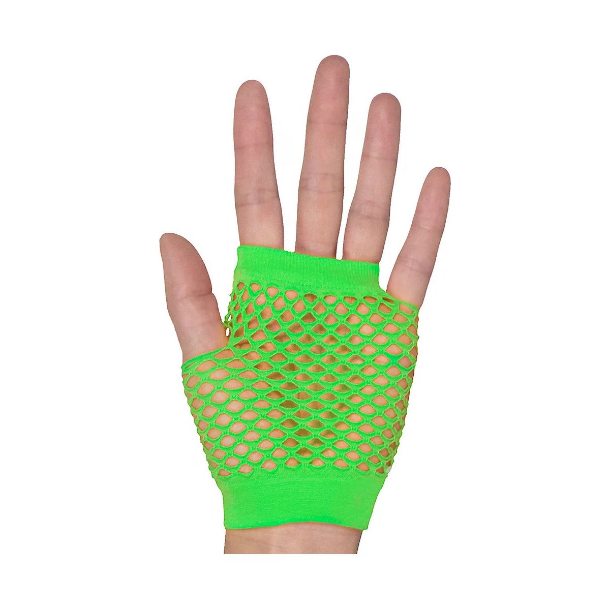 12 Pair Fishnet Gloves Fingerless Wrist Length 70s 80s Costume Party Fluro Green