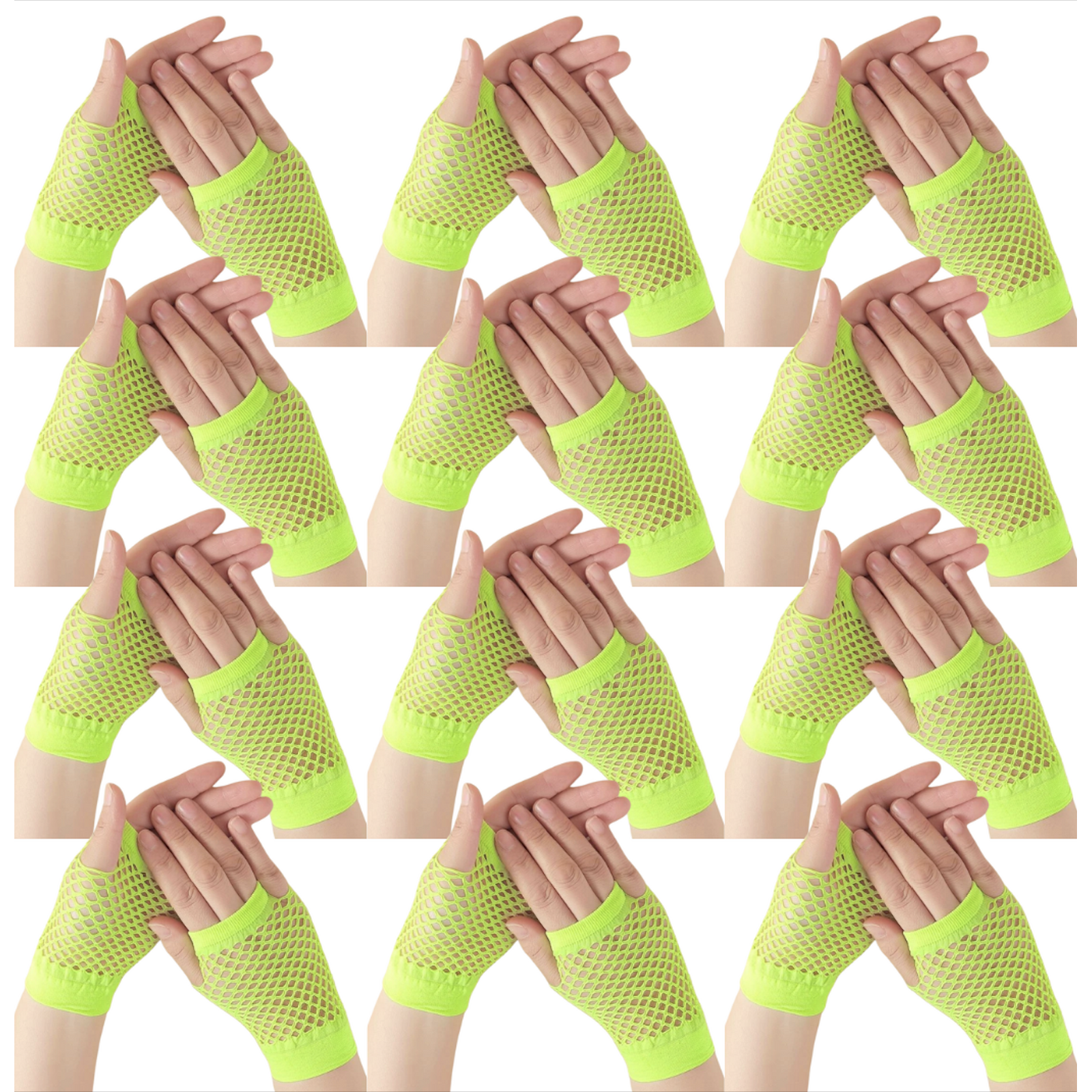 12 Pair Fishnet Gloves Fingerless Wrist Length 70s 80s Costume Party - Fluro Yellow