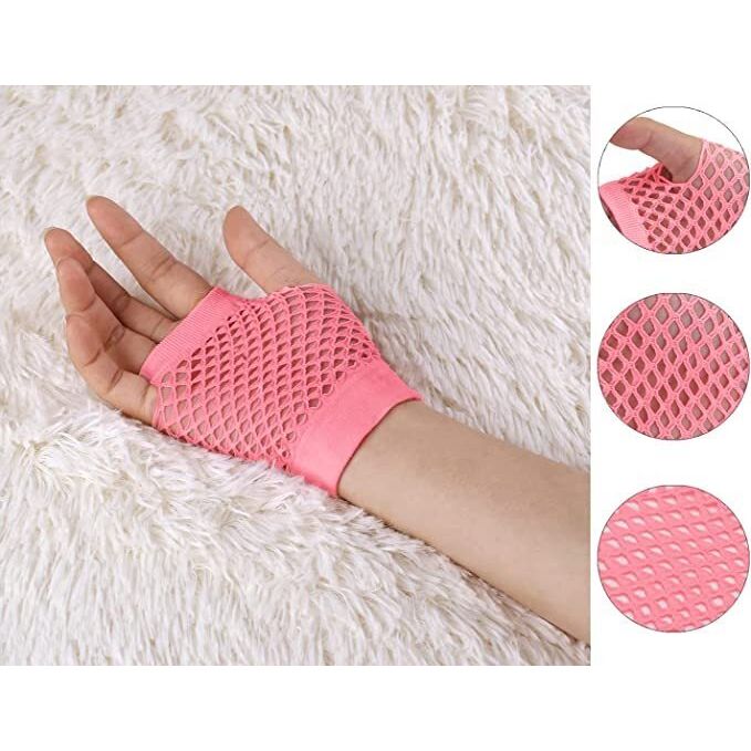 12 Pair Fishnet Gloves Fingerless Wrist Length 70s 80s Costume Party -Light Pink