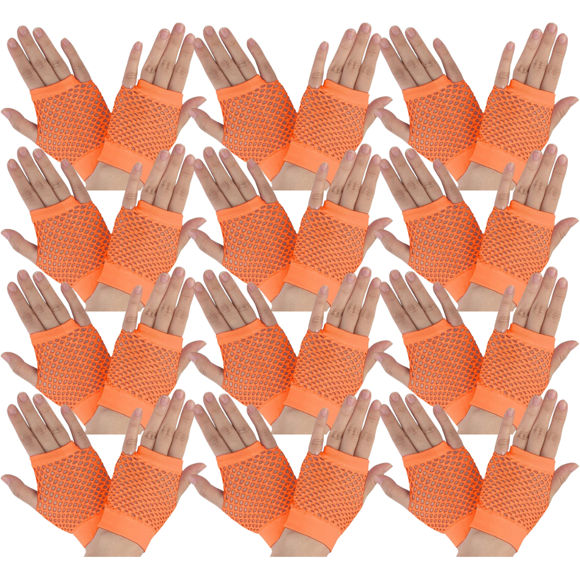 12 Pair Fishnet Gloves Fingerless Wrist Length 70s 80s Costume Party - Orange