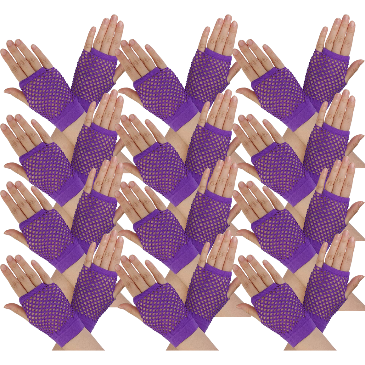 12 Pair Fishnet Gloves Fingerless Wrist Length 70s 80s Costume Party - Purple