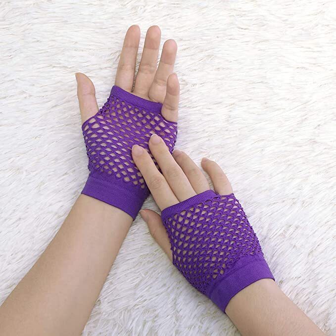 12 Pair Fishnet Gloves Fingerless Wrist Length 70s 80s Costume Party - Purple