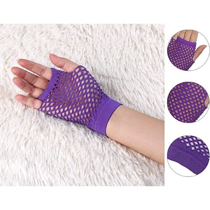 12 Pair Fishnet Gloves Fingerless Wrist Length 70s 80s Costume Party - Purple