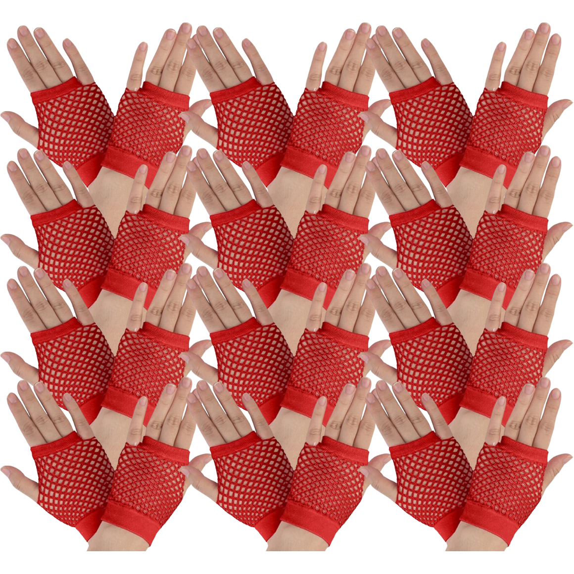 12 Pair Fishnet Gloves Fingerless Wrist Length 70s 80s Costume Party Bulk - Red