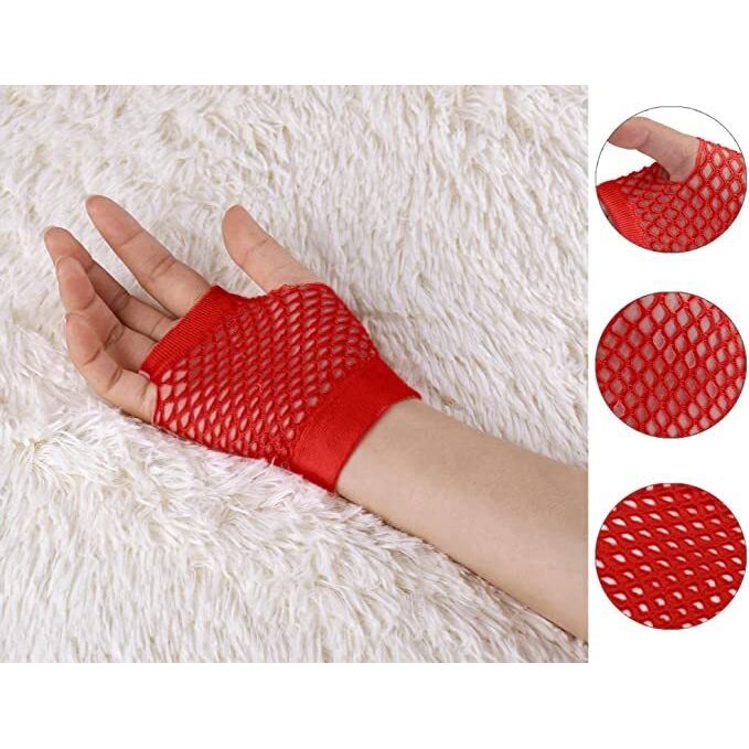 12 Pair Fishnet Gloves Fingerless Wrist Length 70s 80s Costume Party Bulk - Red