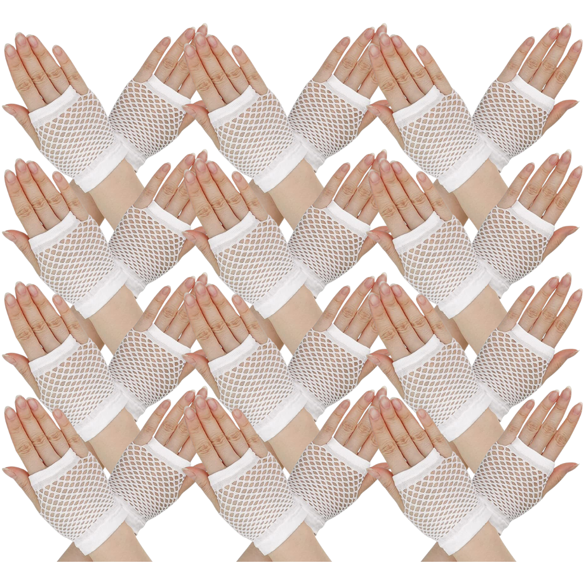 12 Pair Fishnet Gloves Fingerless Wrist Length 70s 80s Costume Party - White