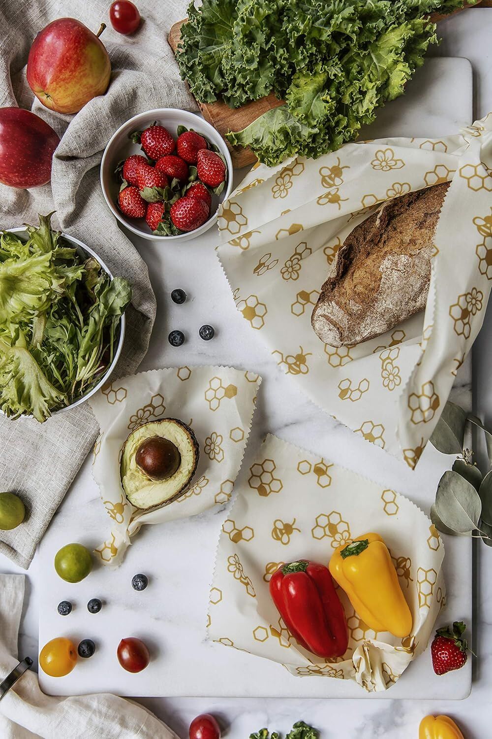 6x Karlstert Natural Beeswax Honeycomb Food Wrap in Honeybee Print 43 x 58.5cm
