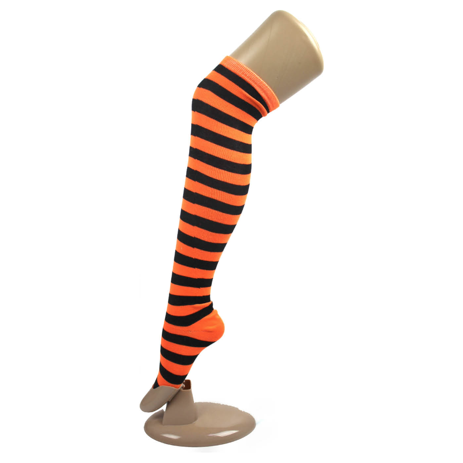 OVER THE KNEE SOCKS Plain Striped High Thigh Ladies Long Womens Stripey Stocking - Orange/Black