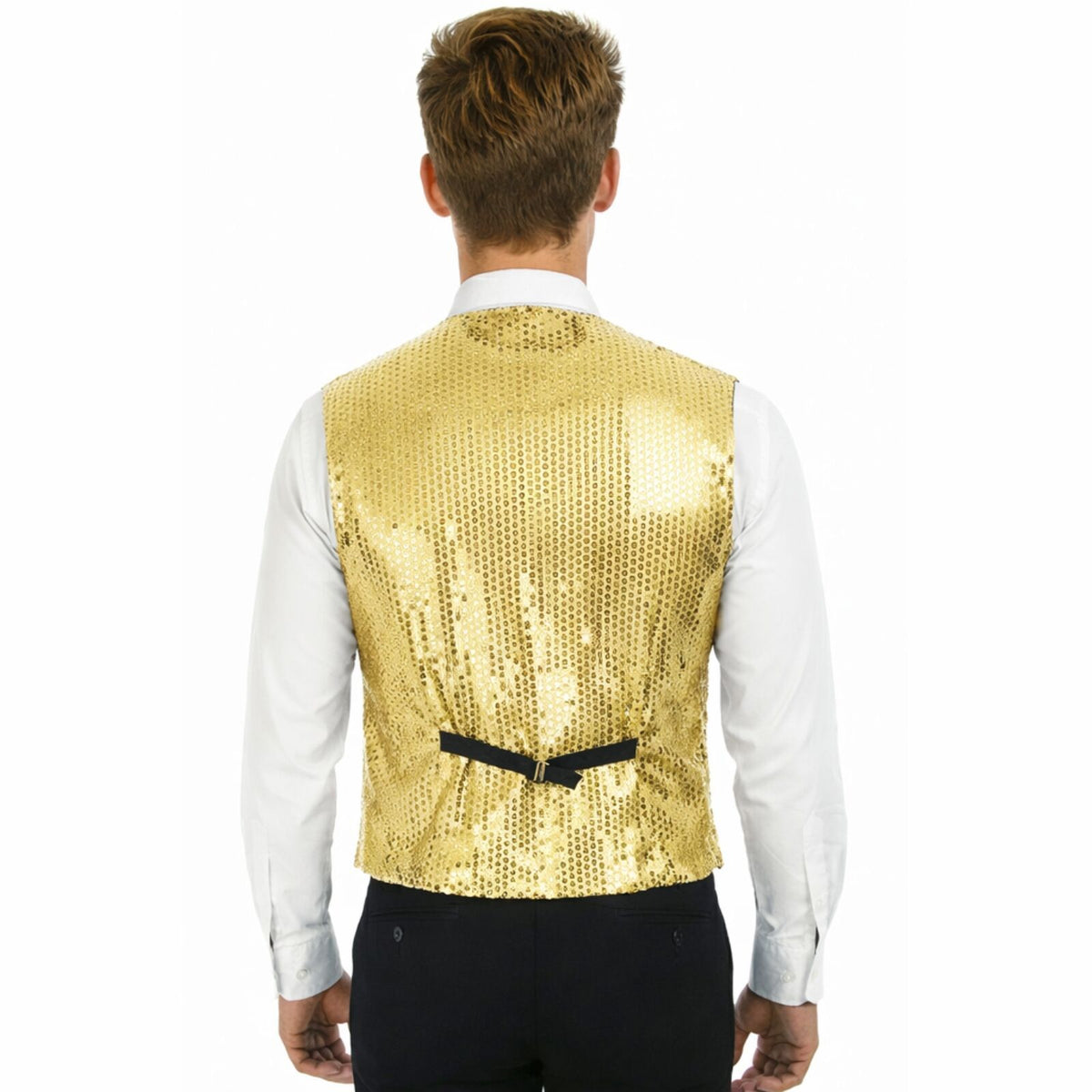 Mens Sequin Vest Waistcoat Disco Sparkle Costume Dance Party One Size - Gold
