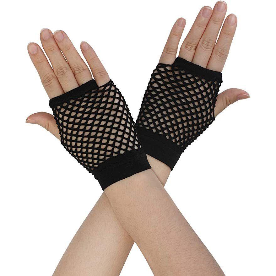 1 Pair Fishnet Gloves Fingerless Wrist Length 70s 80s Costume Party Dance - Black