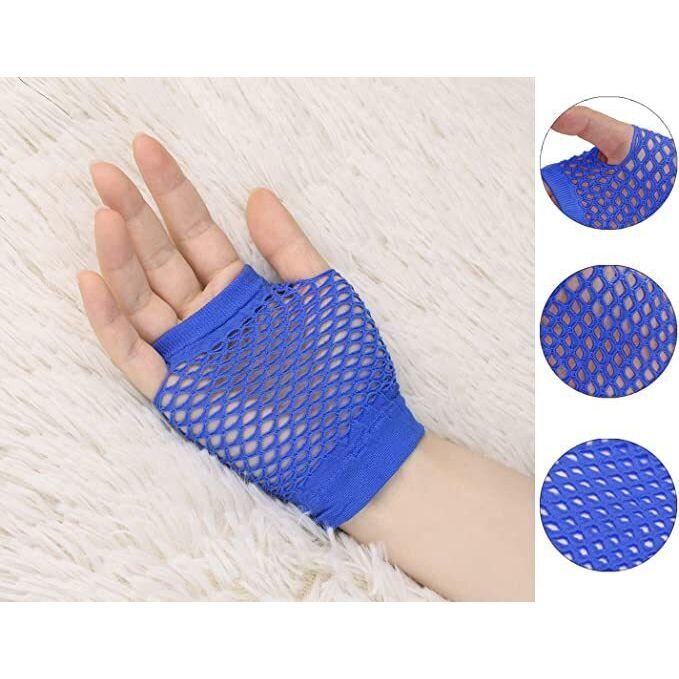1 Pair Fishnet Gloves Fingerless Wrist Length 70s 80s Costume Party Dance - Blue
