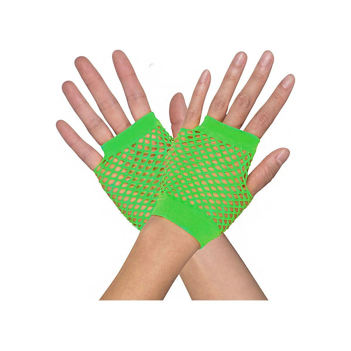 1 Pair Fishnet Gloves Fingerless Wrist Length 70s 80s Costume Party - Neon Green