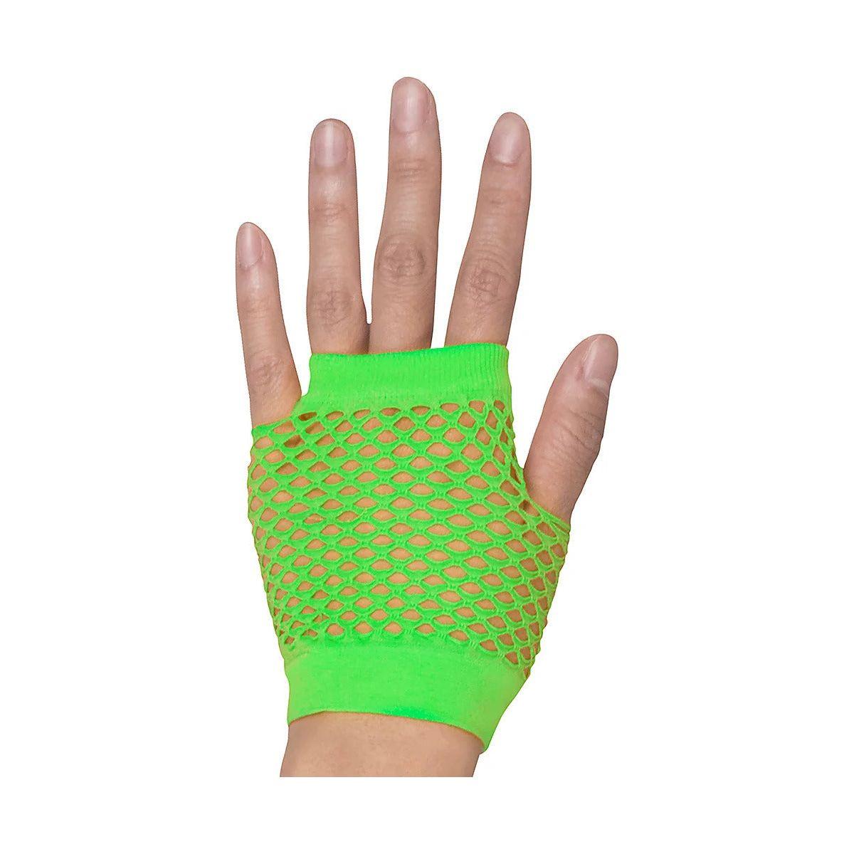 1 Pair Fishnet Gloves Fingerless Wrist Length 70s 80s Costume Party - Neon Green