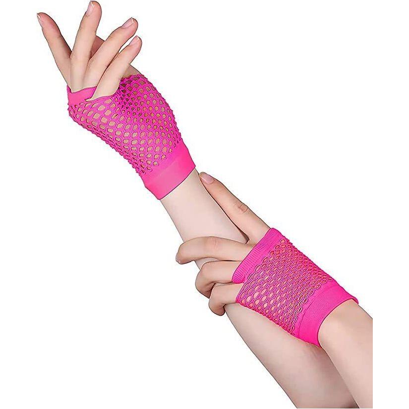 1 Pair Fishnet Gloves Fingerless Wrist Length 70s 80s Costume Party - Hot Pink