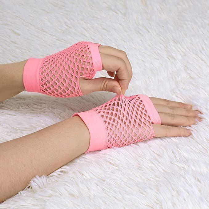 1 Pair Fishnet Gloves Fingerless Wrist Length 70s 80s Costume Party - Light Pink