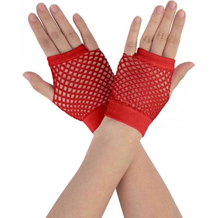 1 Pair Fishnet Gloves Fingerless Wrist Length 70s 80s Costume Party Dance - Red