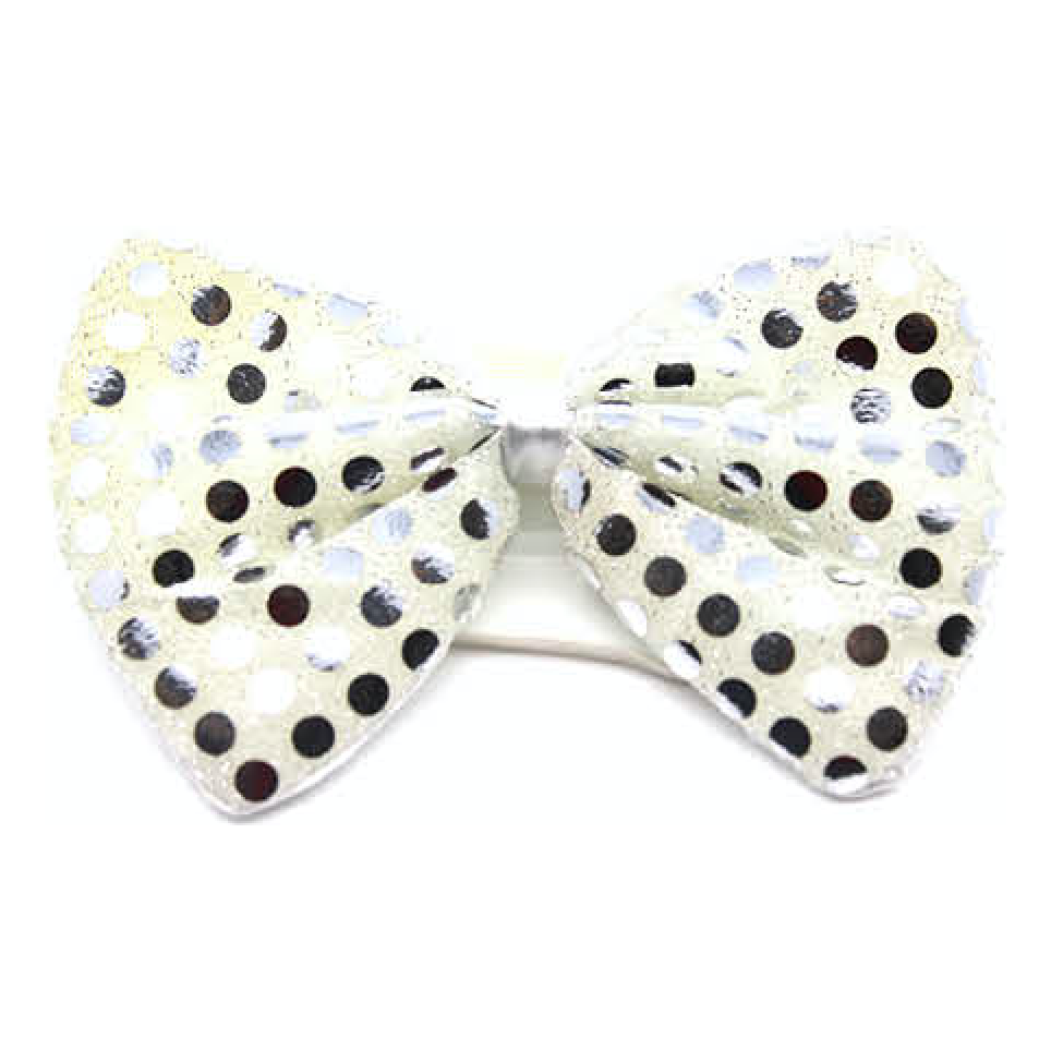 SEQUIN BOW TIE Polka Dots Bowtie Party Unisex Costume  13cm x 9cm Clown - White/Silver