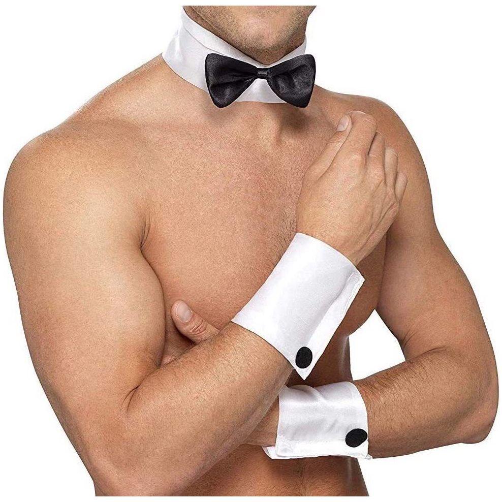 Male Stripper Set Costume Cuffs Collar &amp; Bow Tie Waiter Fun Kit Fancy Dress
