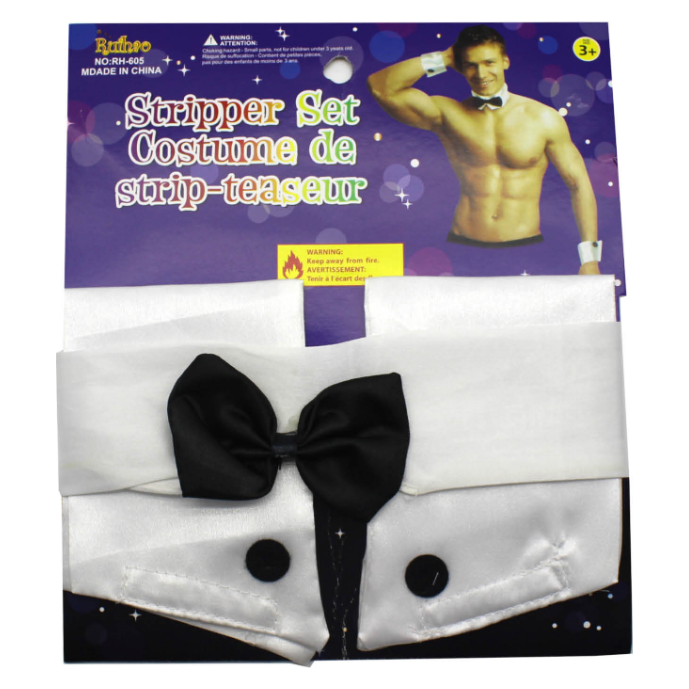 Male Stripper Set Costume Cuffs Collar & Bow Tie Waiter Fun Kit Fancy Dress