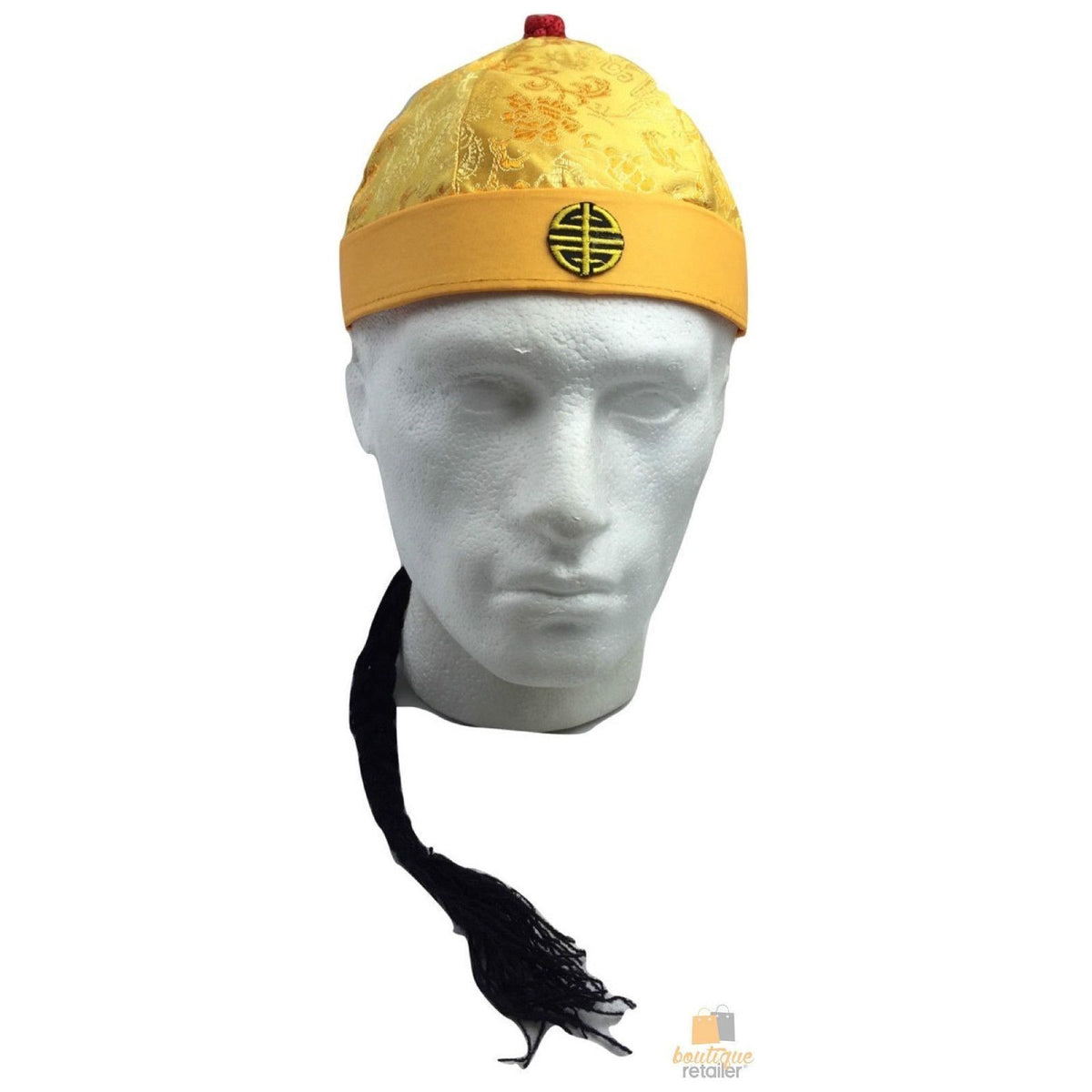 CHINESE LANDLORD HAT Oriental Asian Cap w Ponytail Party Costume Traditional - Yellow
