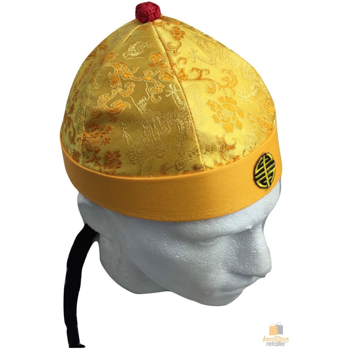 CHINESE LANDLORD HAT Oriental Asian Cap w Ponytail Party Costume Traditional - Yellow