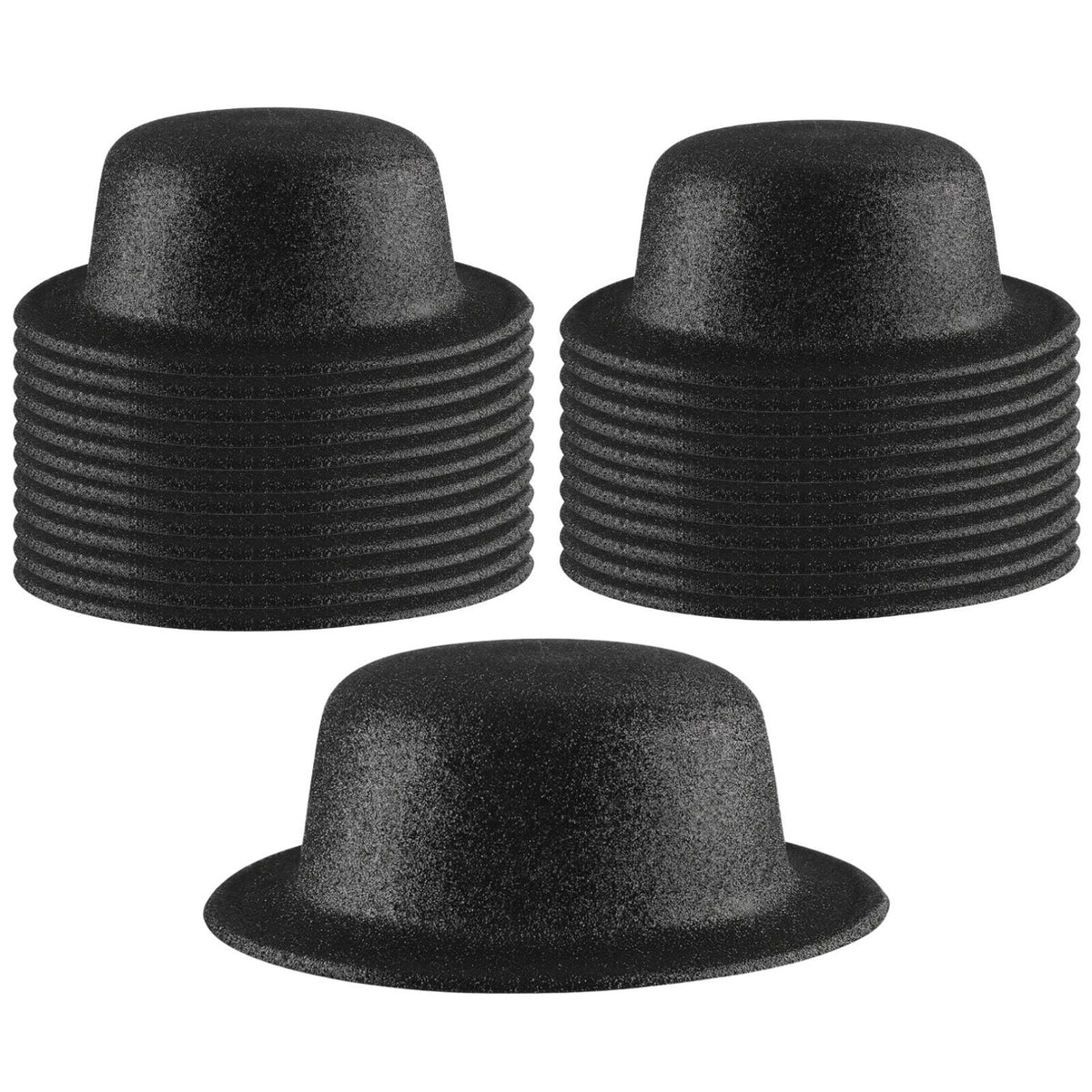 24x GLITTER BOWLER HAT Fancy Party Plastic Costume Cap Fun Dress Up Sparkle BULK - Black