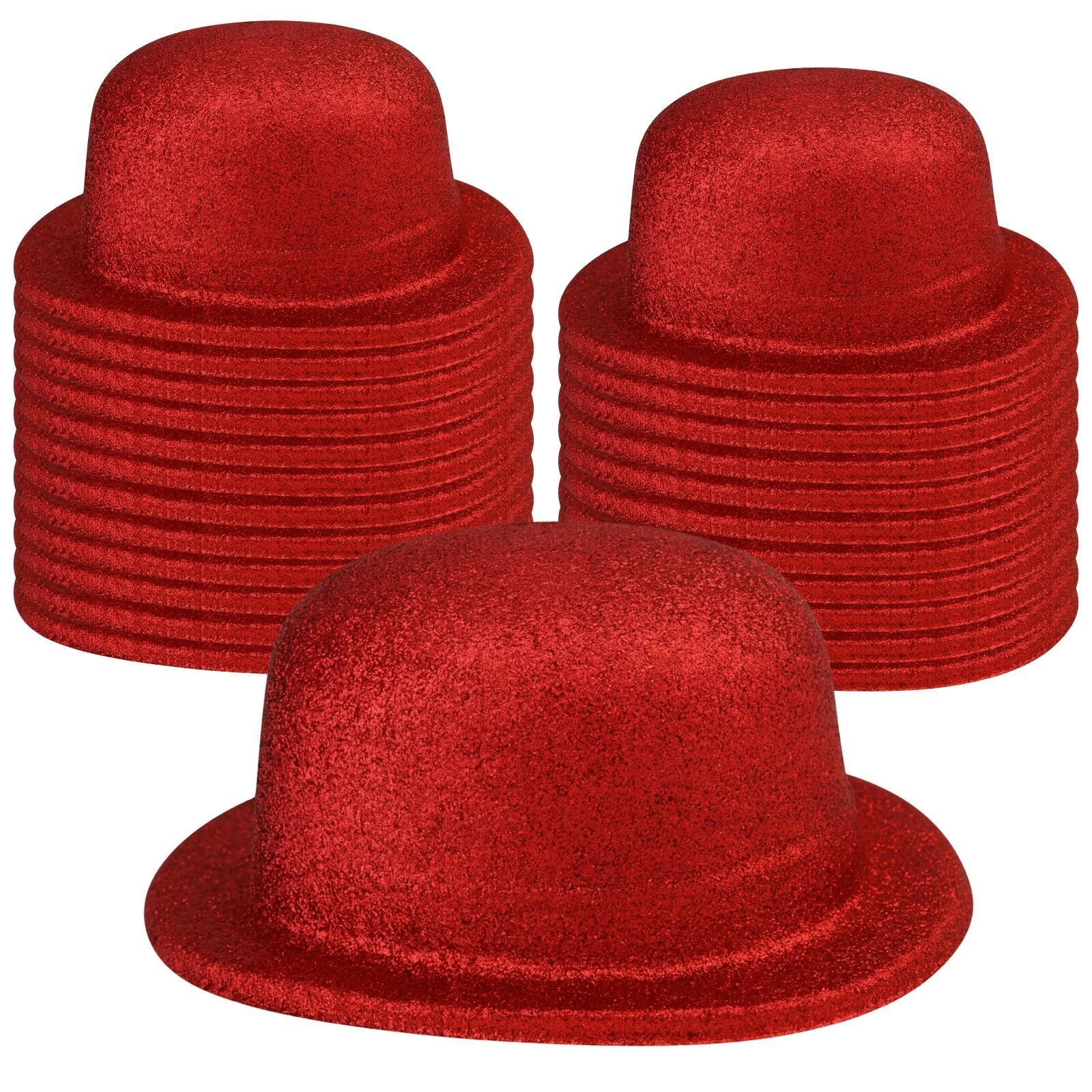 24x GLITTER BOWLER HAT Fancy Party Plastic Costume Cap Fun Dress Up Sparkle BULK - Red